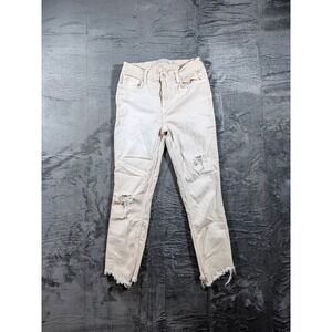 We The Free People Distressed Skinny Jeans Off White Peach Frayed Cropped Sz 28